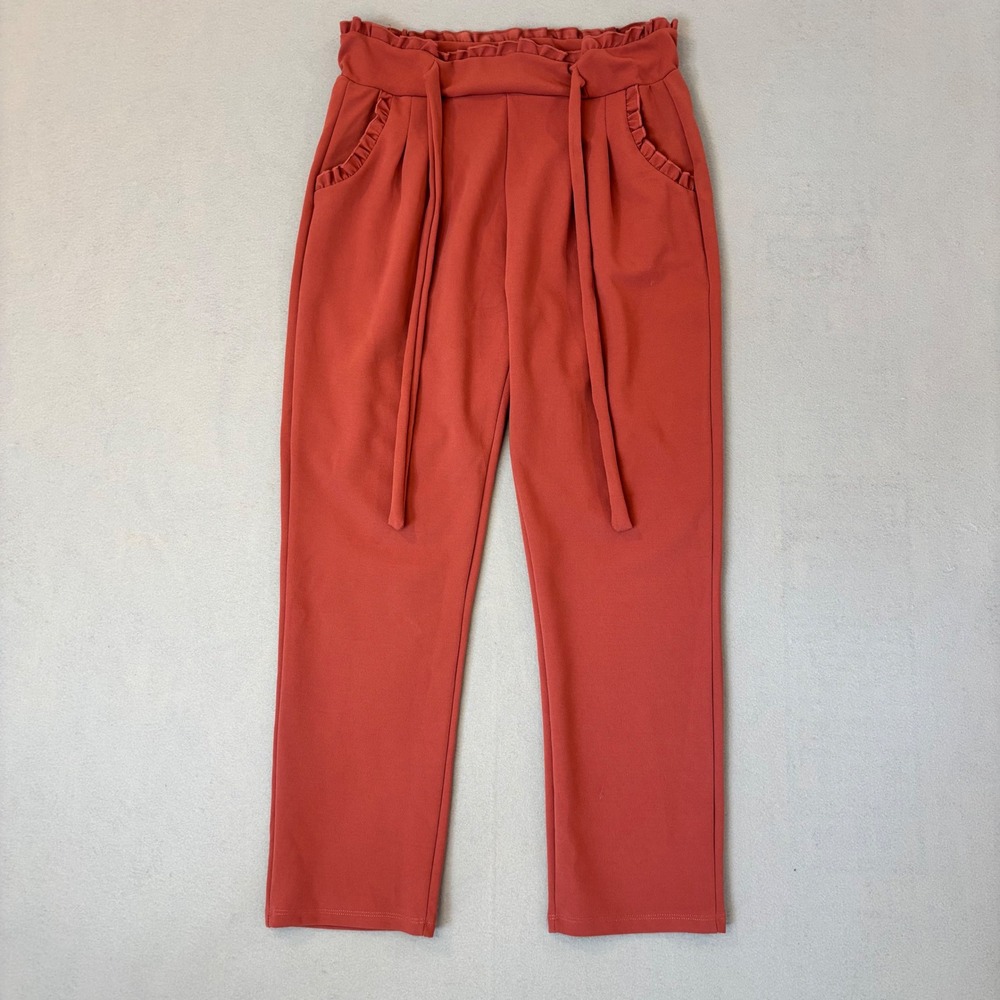 Mia Rose Rust Orange Paperbag Waist Ruffle Pocket Straight Leg Pants Womens Med